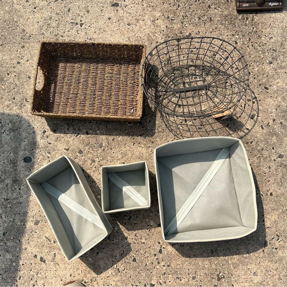 Wicker, Wire and Gray Cloth Storage Basket Set Bundle
